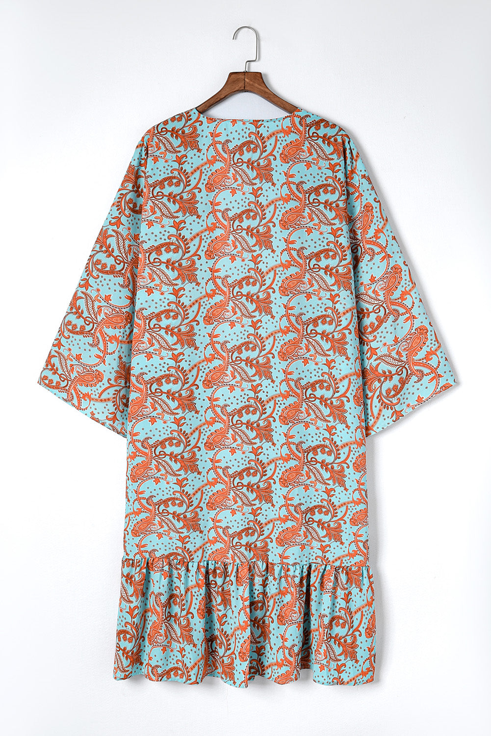 Sky Blue Boho Retro Floral Print Long Sleeve Oversized Kimono Kimonos JT's Designer Fashion