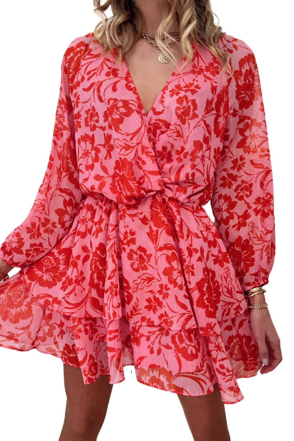 Red Floral Ruffle Layered Puff Sleeve Surplice Dress Dresses JT's Designer Fashion