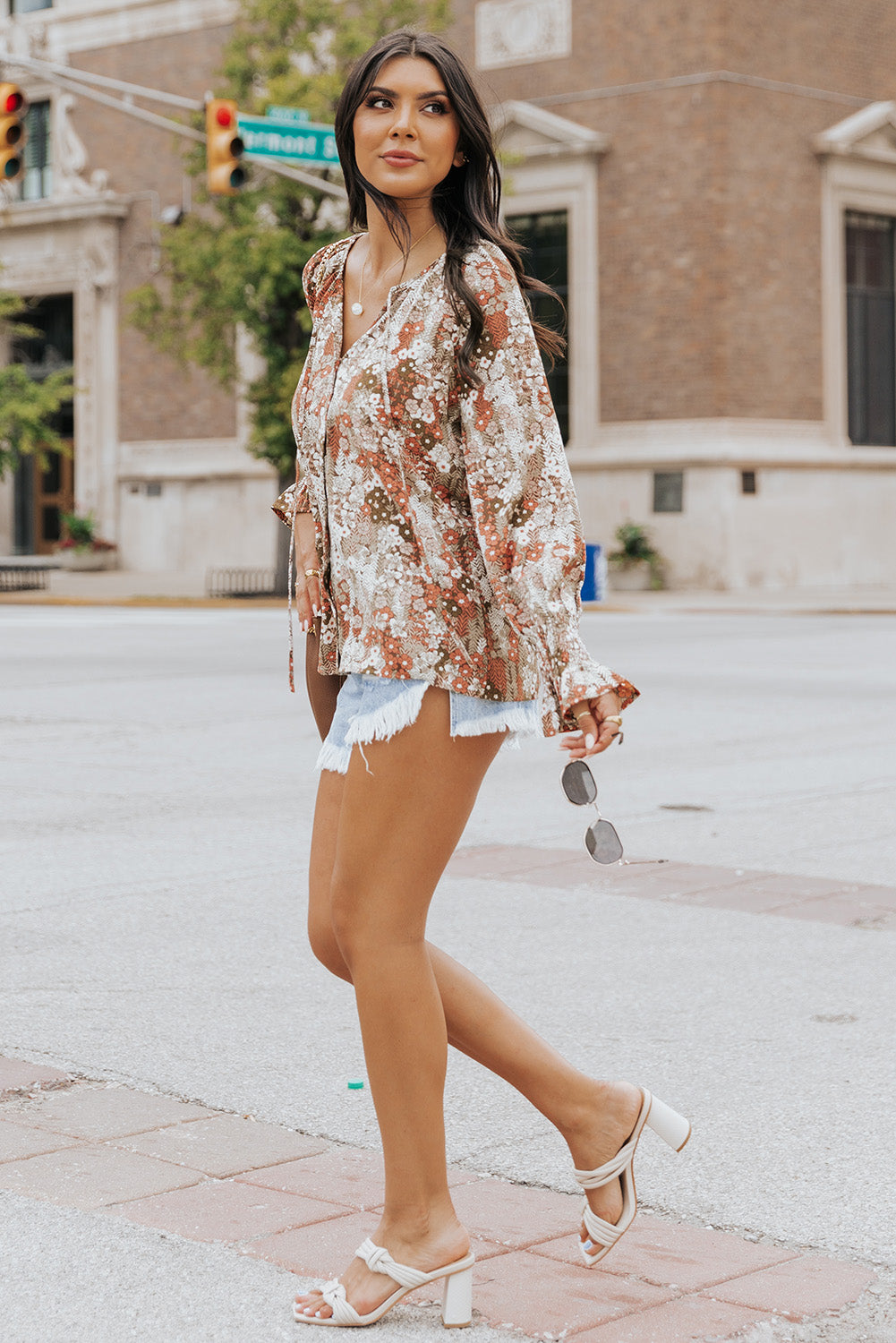 Khaki Floral Print Tie V Neck Button Up Blouse Blouses & Shirts JT's Designer Fashion