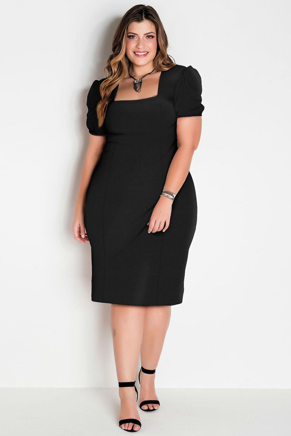 Black Square Neck Bubble Sleeve Plus Size Midi Dress Plus Size JT's Designer Fashion