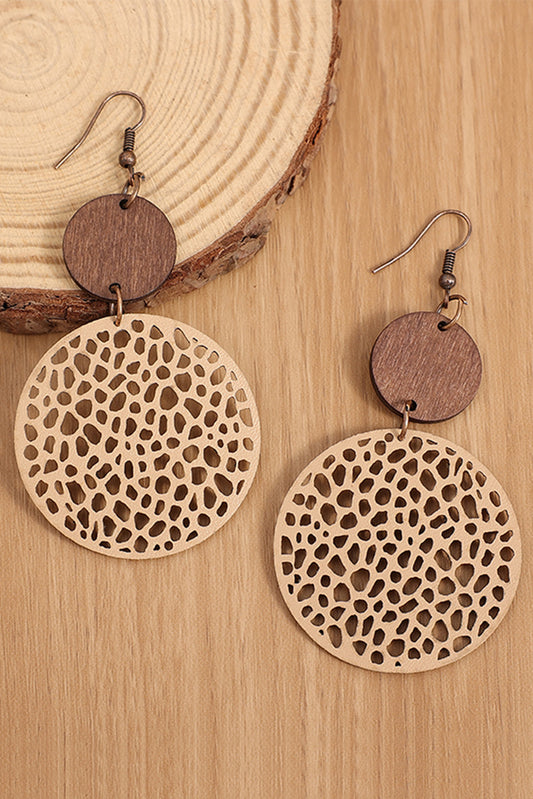 Khaki Hollow Out Wooden Round Drop Earrings Jewelry JT's Designer Fashion