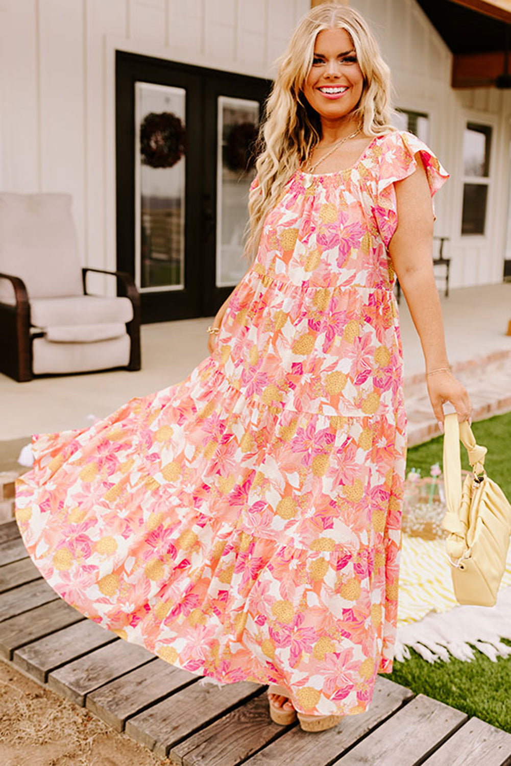 Orange Floral Print Shirred Ruffled Sleeveless Plus Size Dress Plus Size JT's Designer Fashion