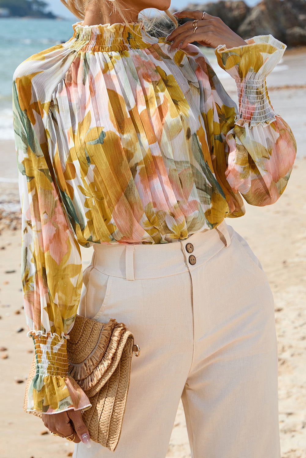 Yellow Floral Flounce Sleeve Smocked Neck Pleat Blouse Tops & Tees JT's Designer Fashion