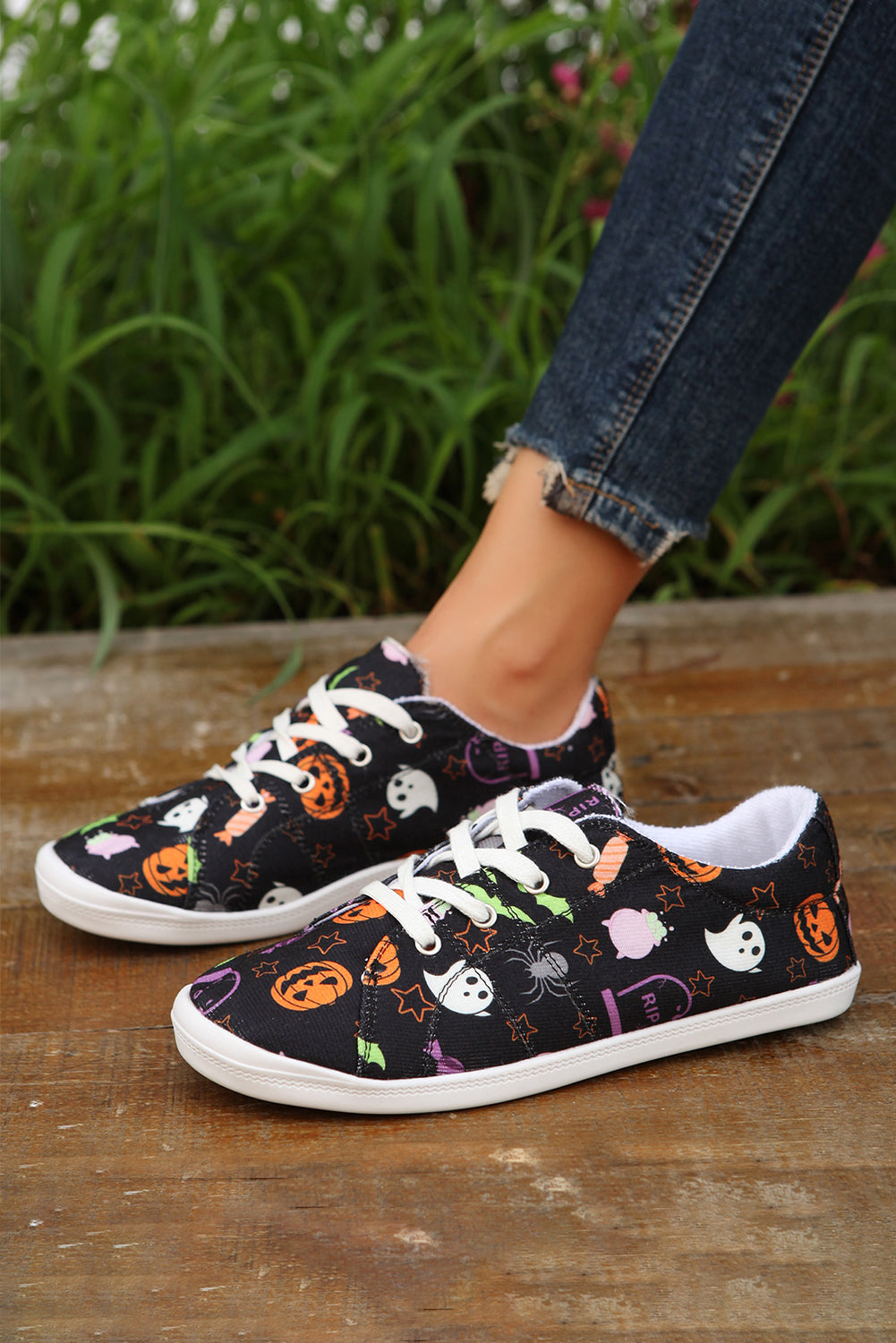 Black Happy Halloween Ghost Pumpkin Print Flat Shoes Women's Shoes JT's Designer Fashion