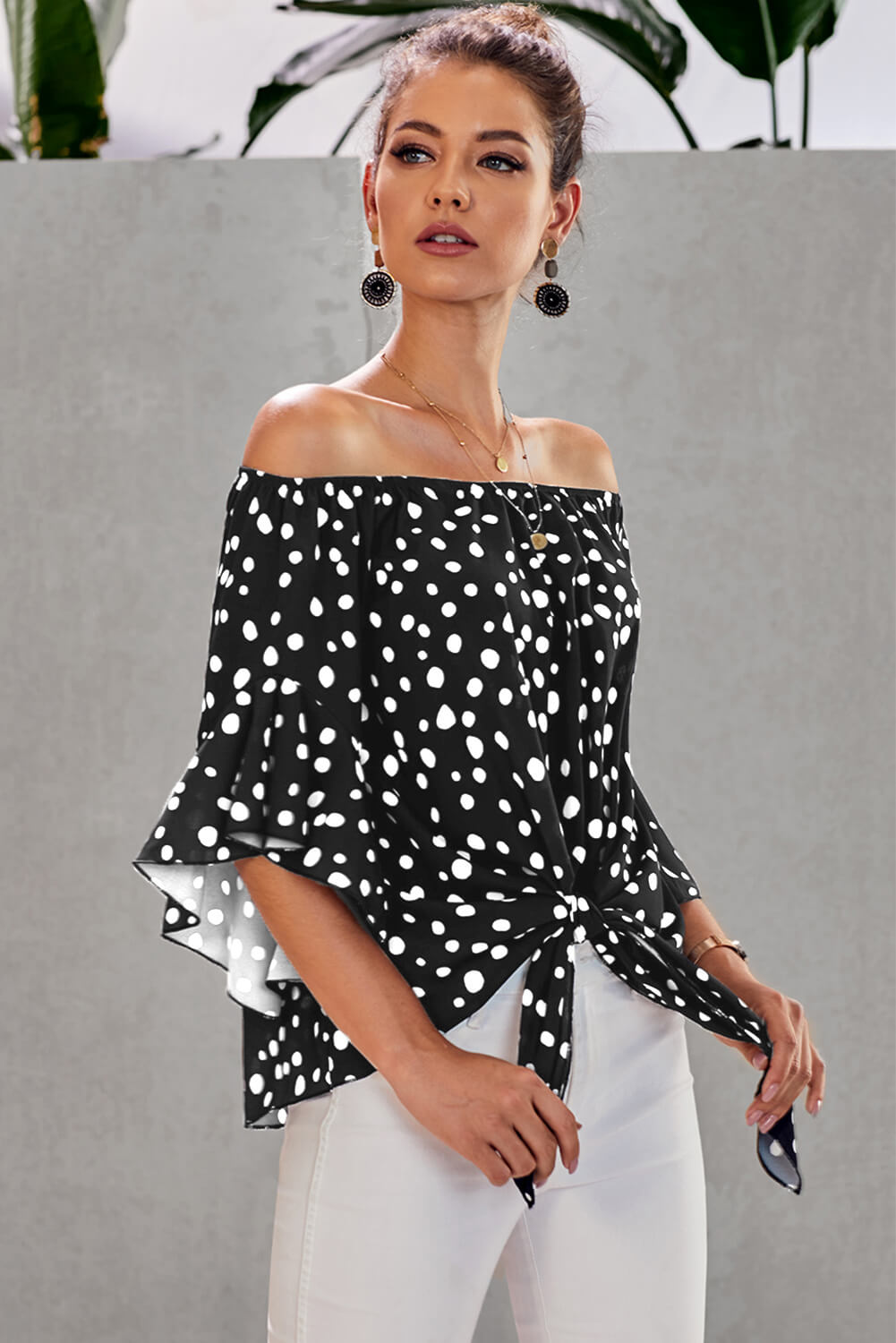 Black Polka Dot 3/4 Bell Sleeve Off Shoulder Front Tie Knot Top Tops & Tees JT's Designer Fashion