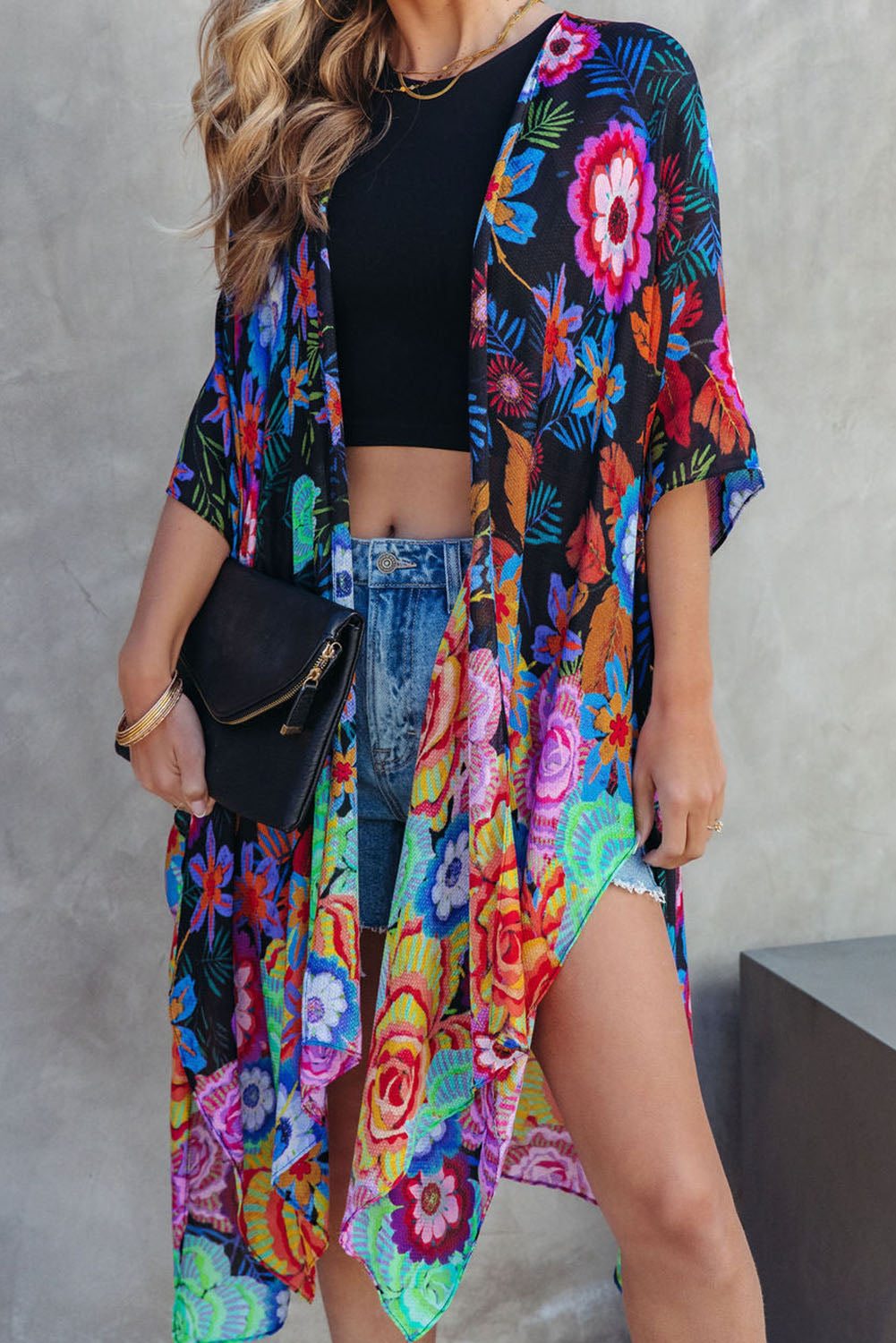 Multicolor Bohemian Floral Print Half Sleeve Open Front Kimono Kimonos JT's Designer Fashion