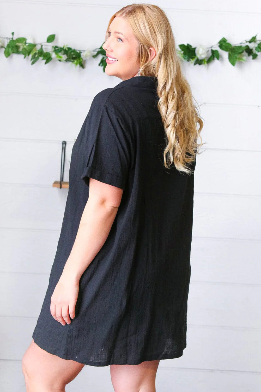 Black Plus Size Shirt Collar Buttoned Short Sleeve Shift Dress Plus Size JT's Designer Fashion