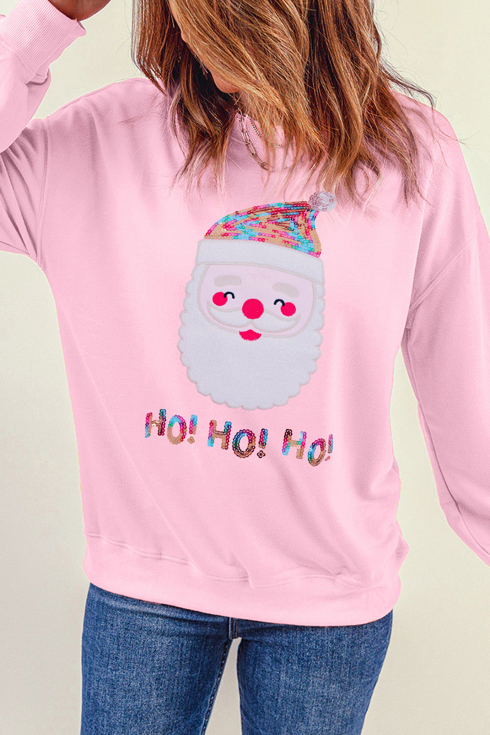 Pink HO HO HO Sequined Santa Claus Sweatshirt Graphic Sweatshirts JT's Designer Fashion