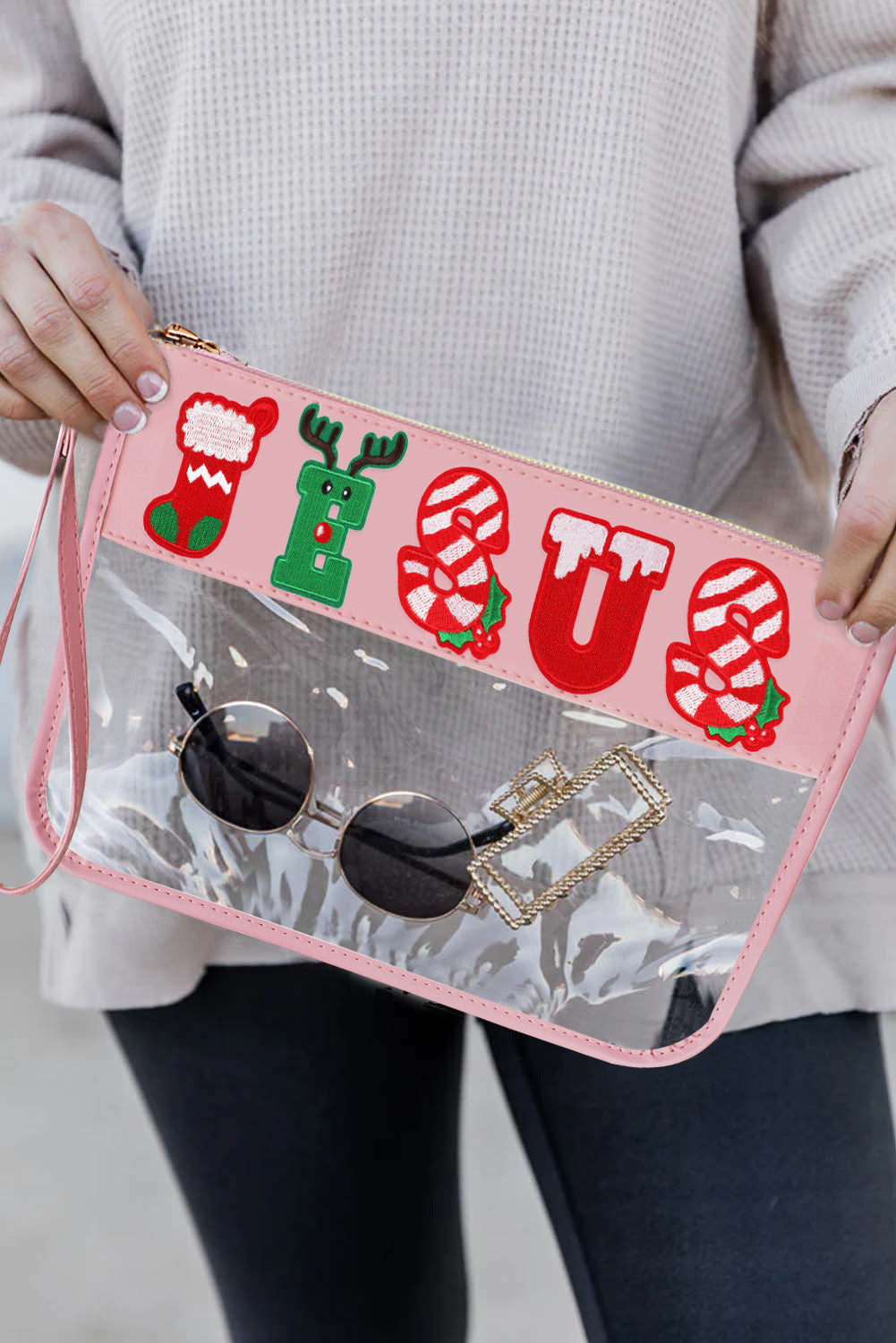 Pink Christmas Pattern Embroidered Clear PVC Clutch Bag Other Accessories JT's Designer Fashion