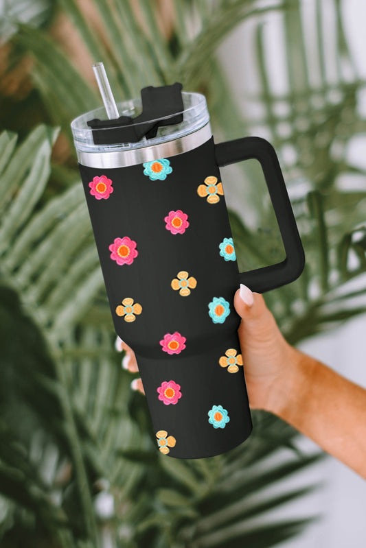 Black Cute Florets 304 Stainless Double Layer Thermos Cup Tumblers JT's Designer Fashion