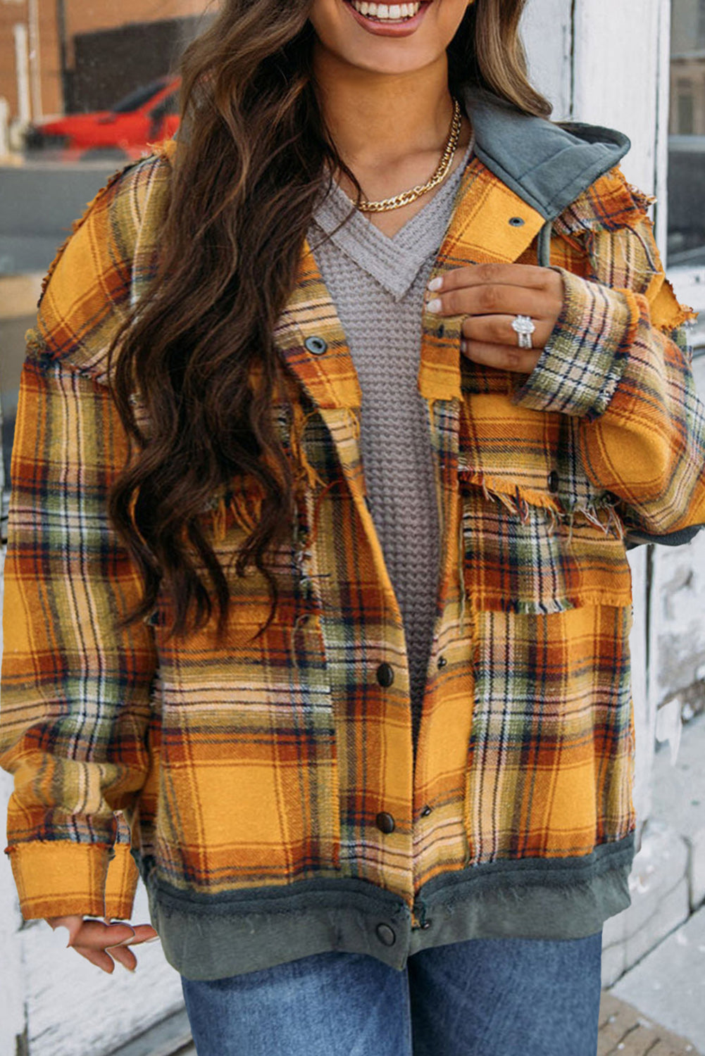 Yellow Printed Distressed Plaid Contrast Hooded Plus Jacket Plus Size JT's Designer Fashion