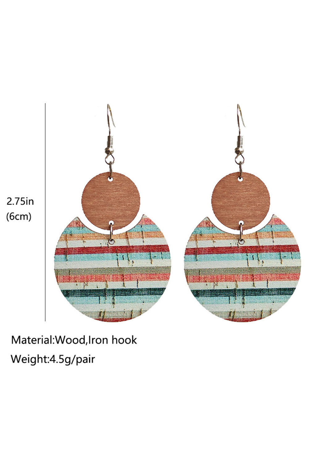 Multicolor Boho Striped Print Wood Drop Earrings Jewelry JT's Designer Fashion