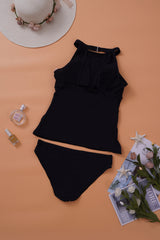 Black High Neck Plunge Mesh Ruched Tankini Swimwear Tankinis JT's Designer Fashion