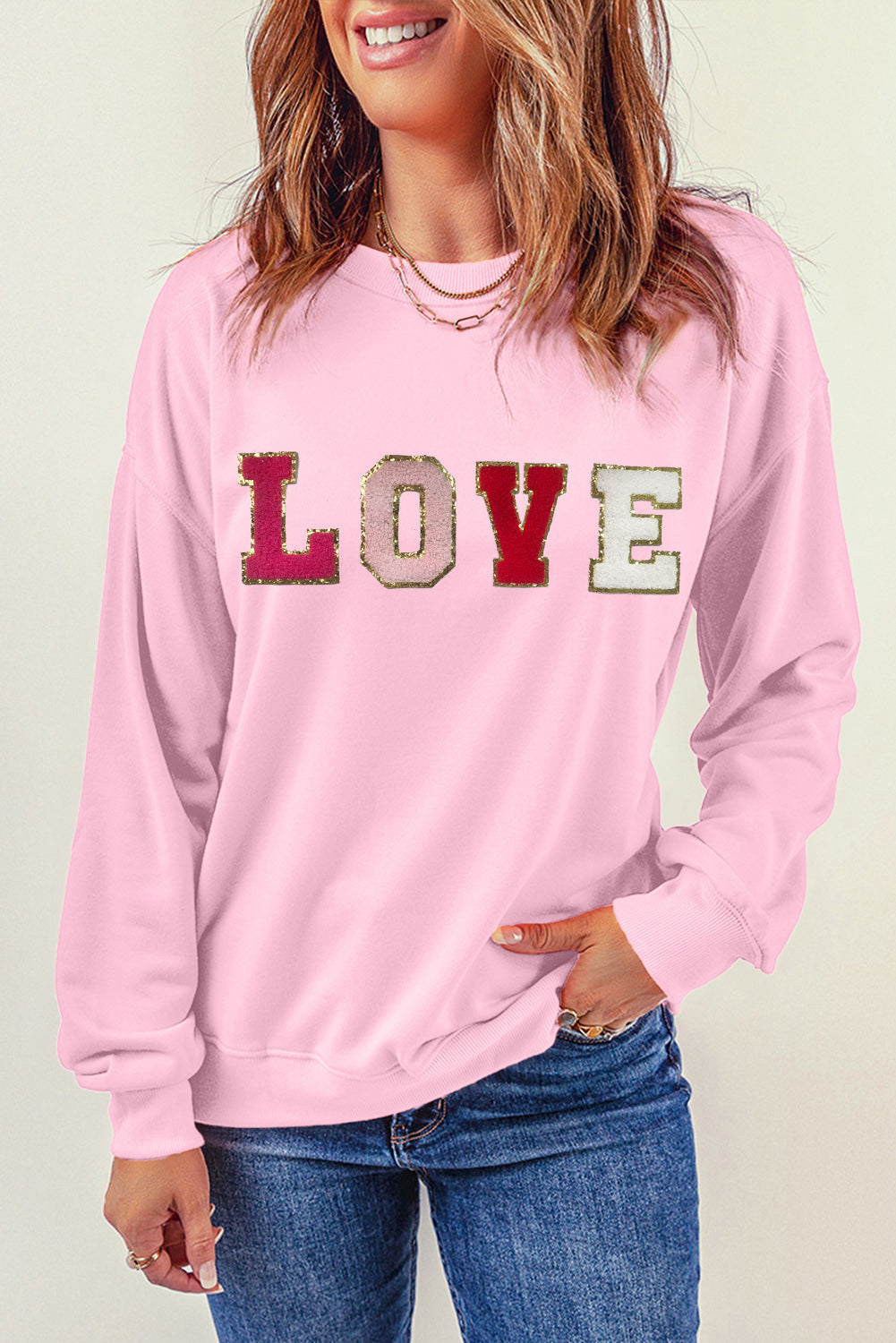 Pink Valentine LOVE Patch Sweatshirt Graphic Sweatshirts JT's Designer Fashion