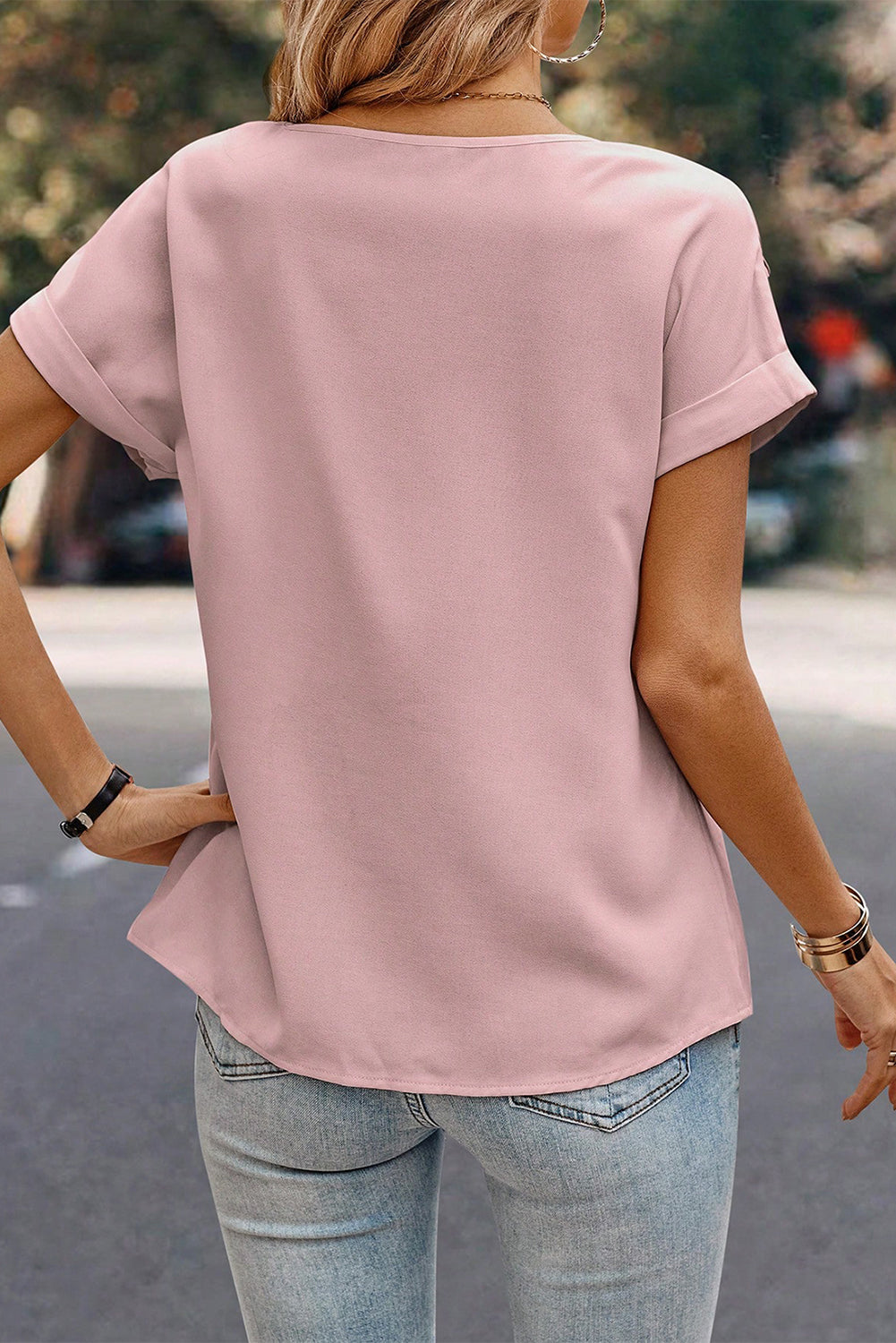 Light Pink Solid Pleated Patched Crew Neck T Shirt Tops & Tees JT's Designer Fashion