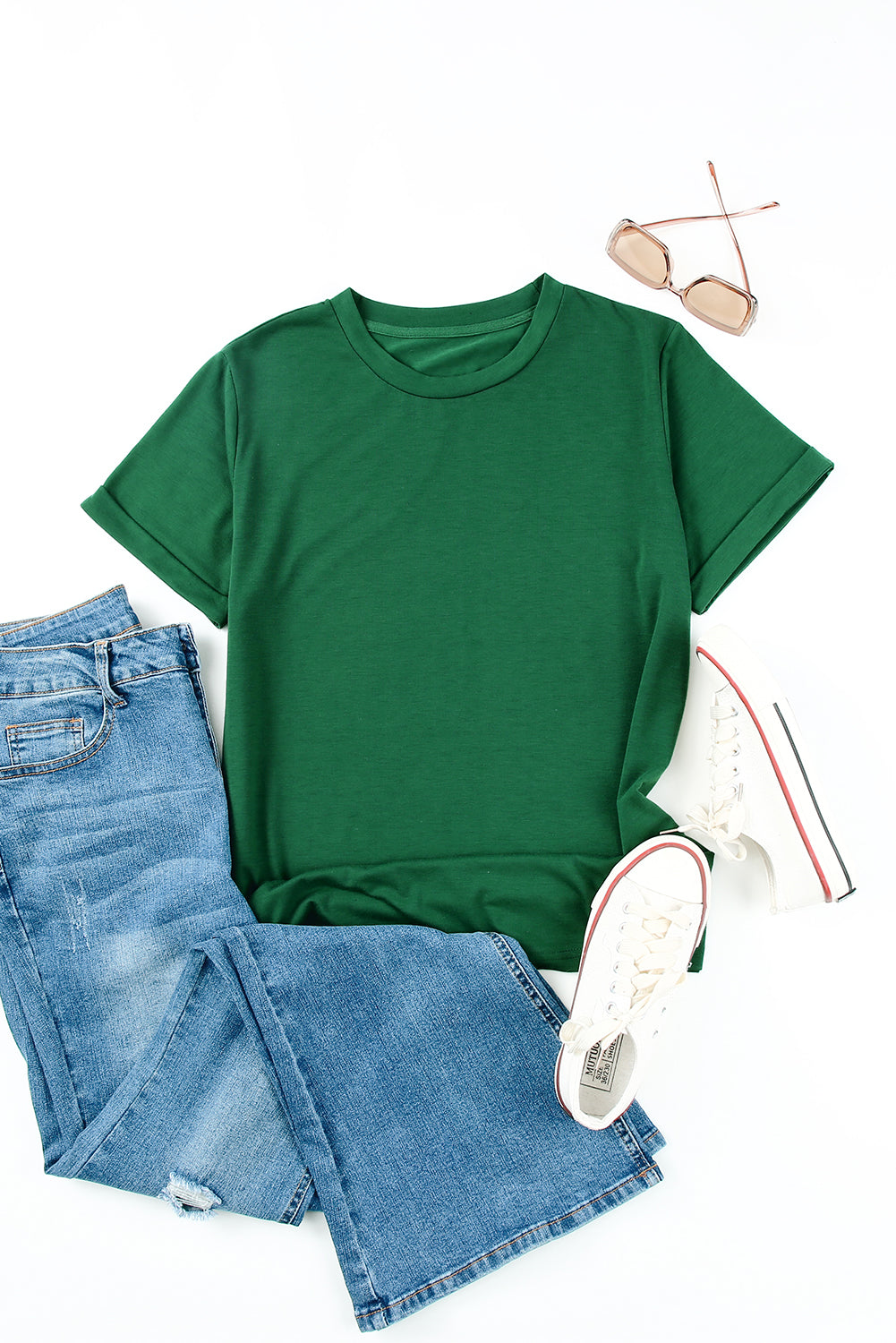 Green Solid Color Crew Neck Tee Tops & Tees JT's Designer Fashion