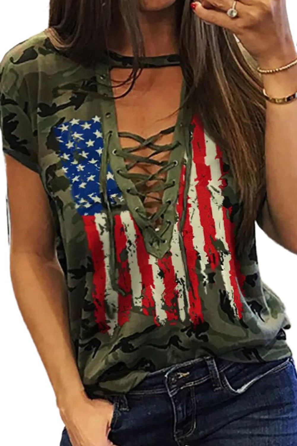 Green Camo American Flag Print Lace Up T-shirt Tops & Tees JT's Designer Fashion