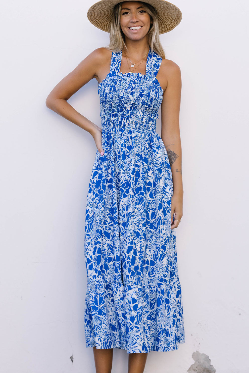 Blue Floral Print Smocked Criss Cross Tie Back Midi Dress Floral Dresses JT's Designer Fashion