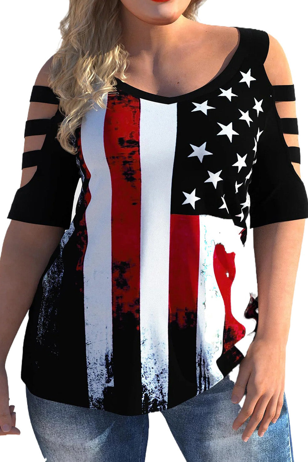 Black American Flag Print Plus Size Cold Shoulder T Shirt Plus Size JT's Designer Fashion