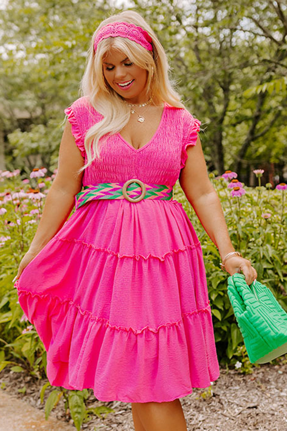 Pink Plus Size Solid Frill Tiered V Neck Smocked Dress Plus Size JT's Designer Fashion