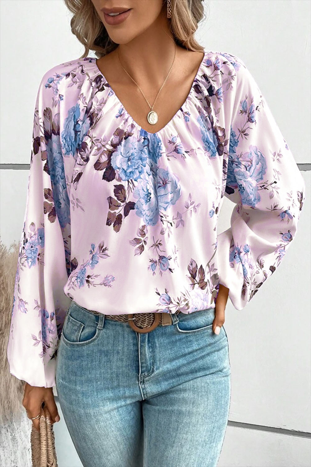 Purple Floral Print Lantern Sleeve V-Neck Blouse Tops & Tees JT's Designer Fashion