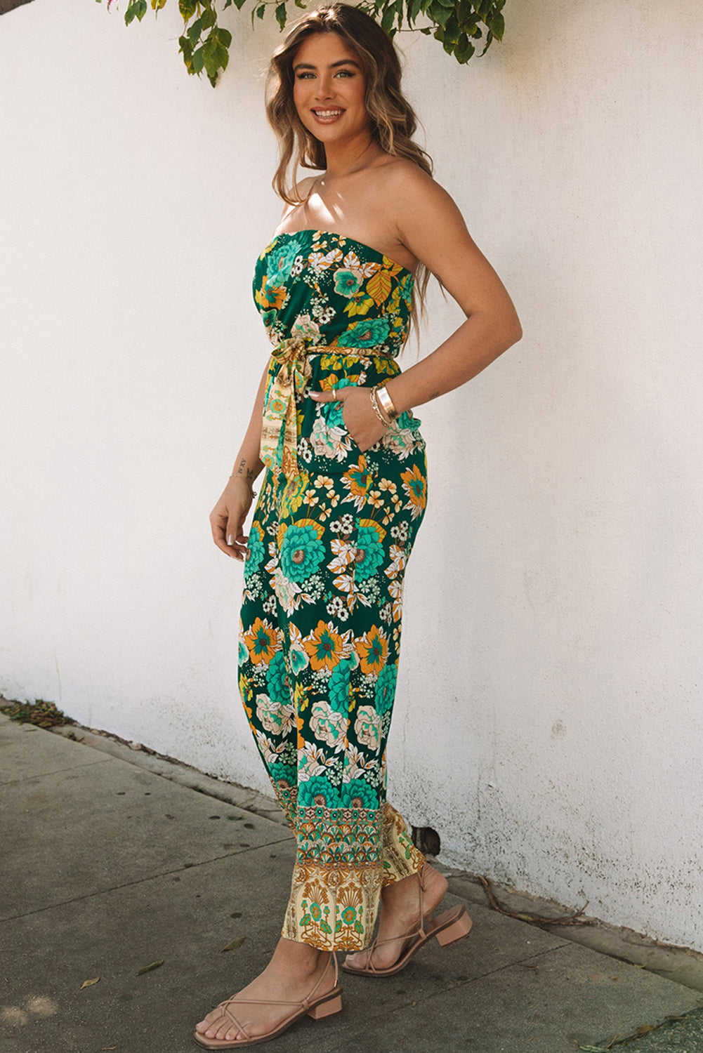 Green Boho Floral Belted Strapless Jumpsuit Jumpsuits & Rompers JT's Designer Fashion