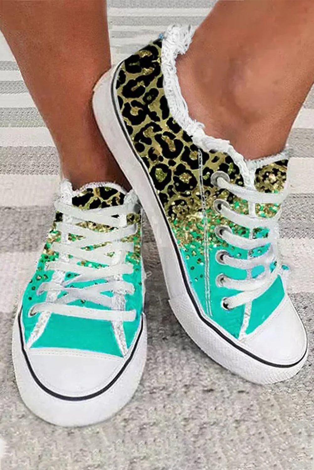 Multicolor Leopard Print Criss Cross Distressed Canvas Sneakers Women's Shoes JT's Designer Fashion