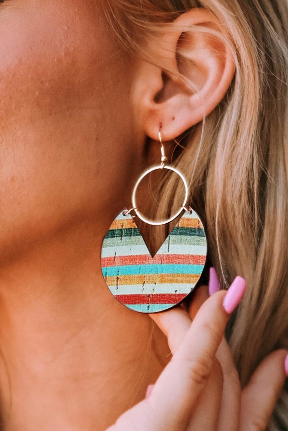 Multicolor Rainbow Stripe Pattern Notch Round Wooden Pendant Earrings Jewelry JT's Designer Fashion