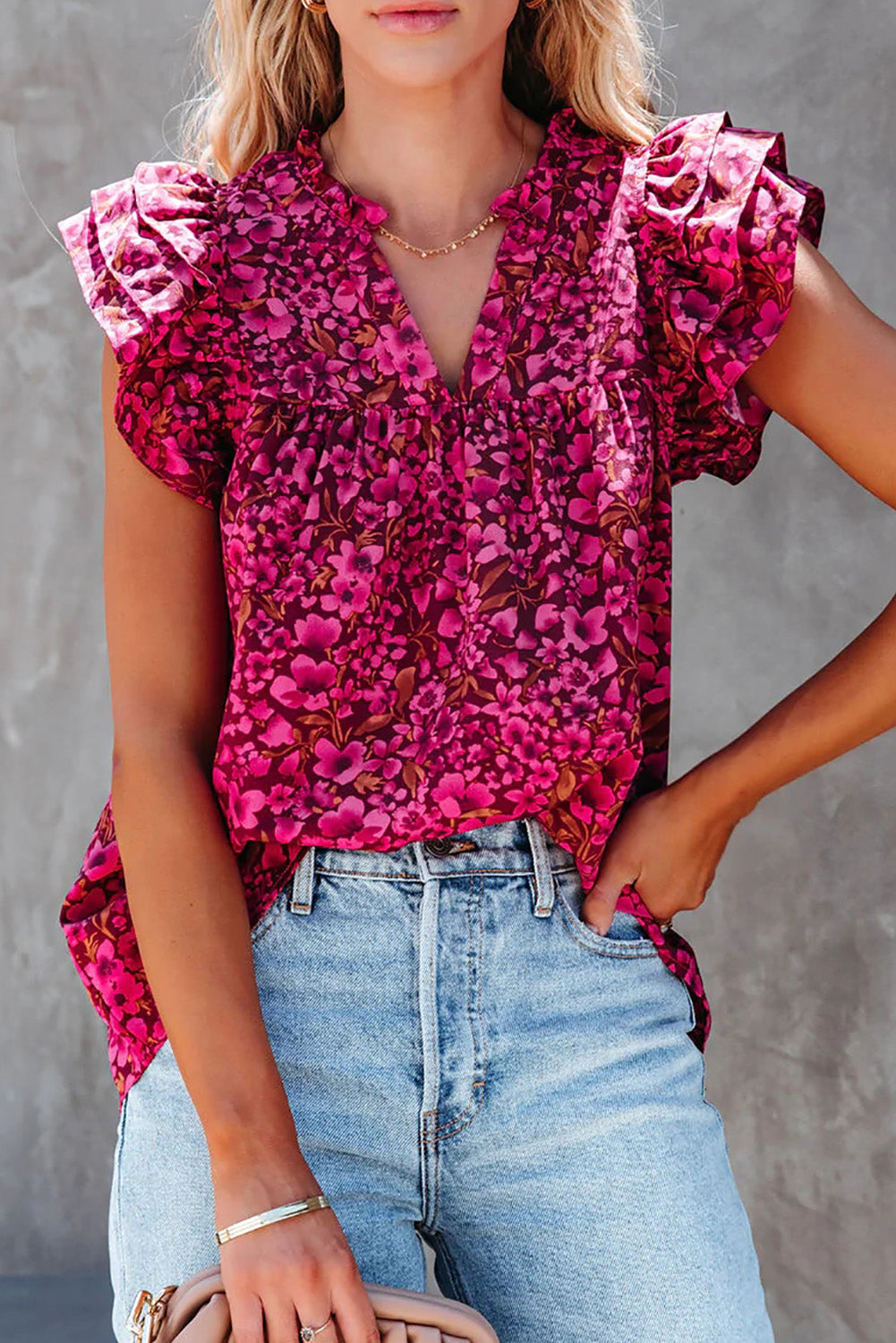 Rose Floral Print Tiered Flutter Sleeve V Neck Top Rose 100%Polyester Tank Tops JT's Designer Fashion