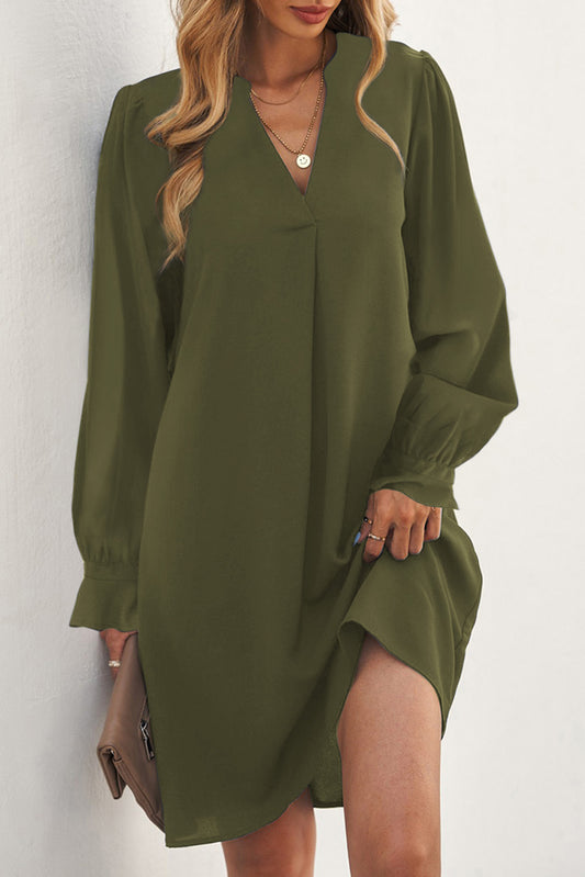 Green Split V Neck Ruffled Sleeves Shirt Dress Mini Dresses JT's Designer Fashion