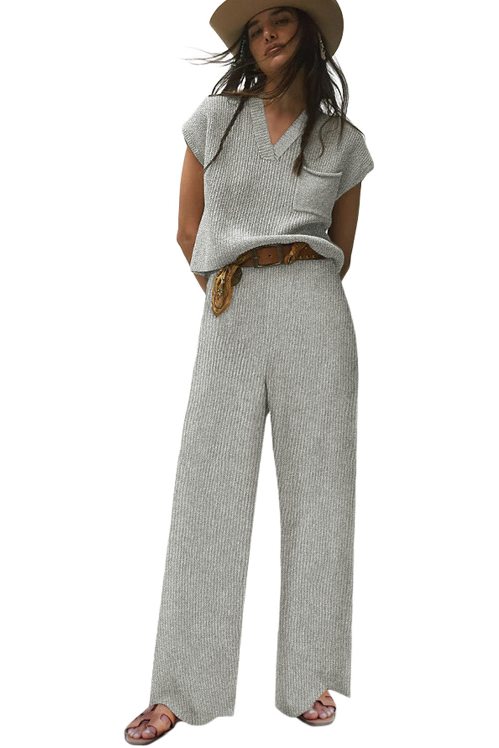 Gray Knitted V Neck Sweater and Casual Pants Set Bottoms JT's Designer Fashion