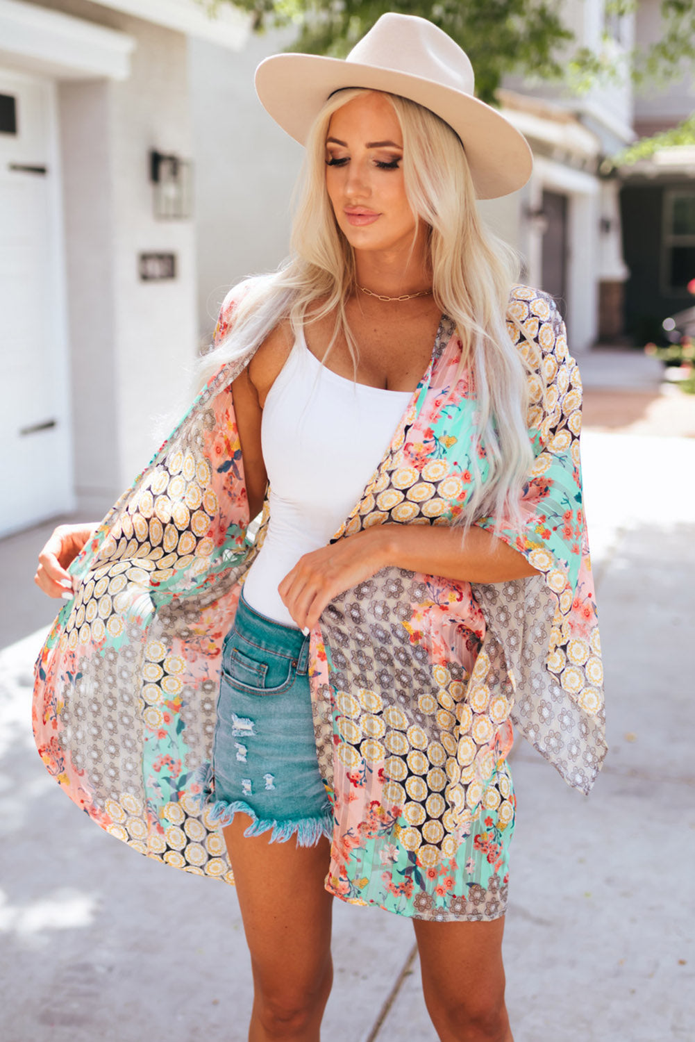 Multicolor Floral Open Sheer Shimmer Kimono Kimonos JT's Designer Fashion