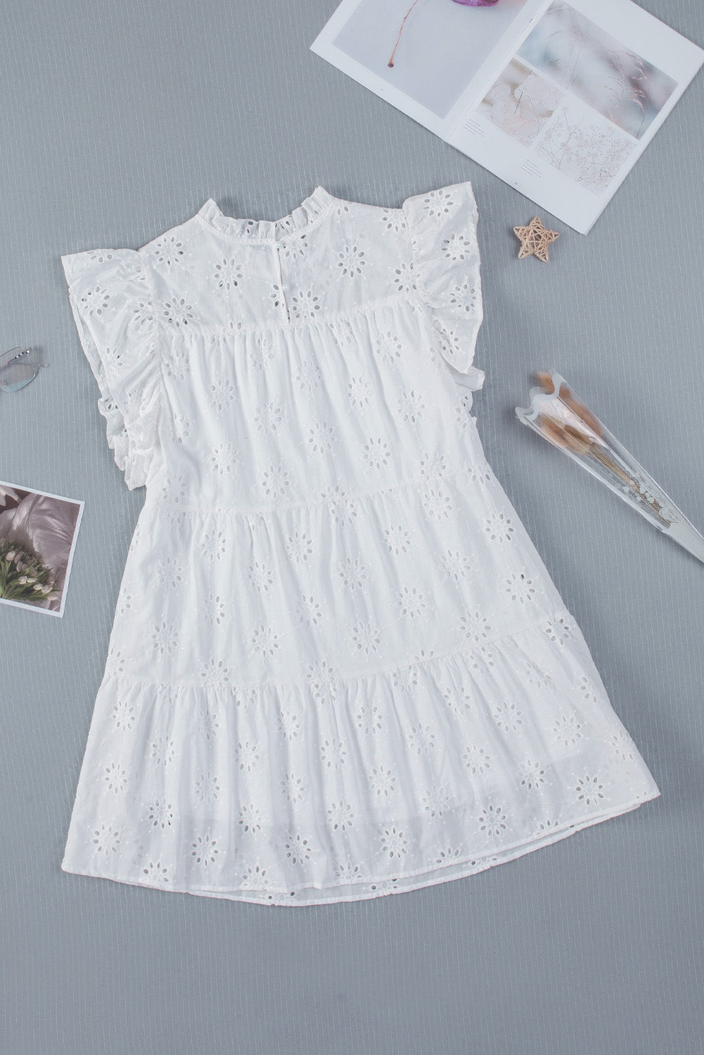 White Floral Eyelet Hollow-out Pattern Flutter Sleeve Tiered Dress Mini Dresses JT's Designer Fashion