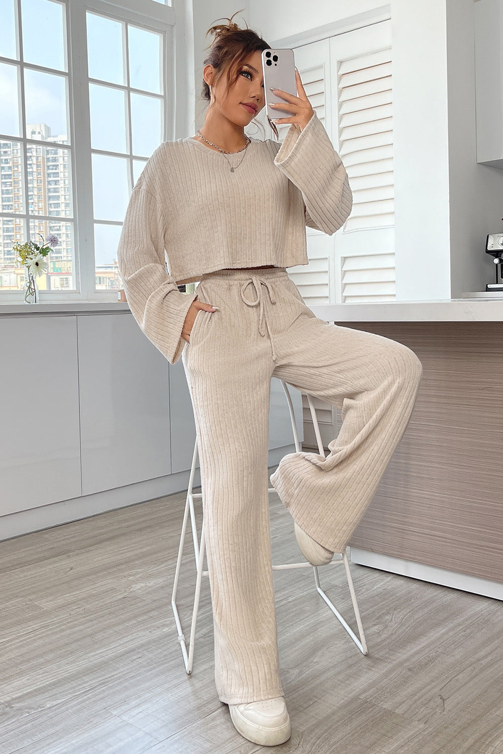 Khaki Ribbed Knit Bell Sleeve Crop Top Drawstring Pants Set Bottoms JT's Designer Fashion