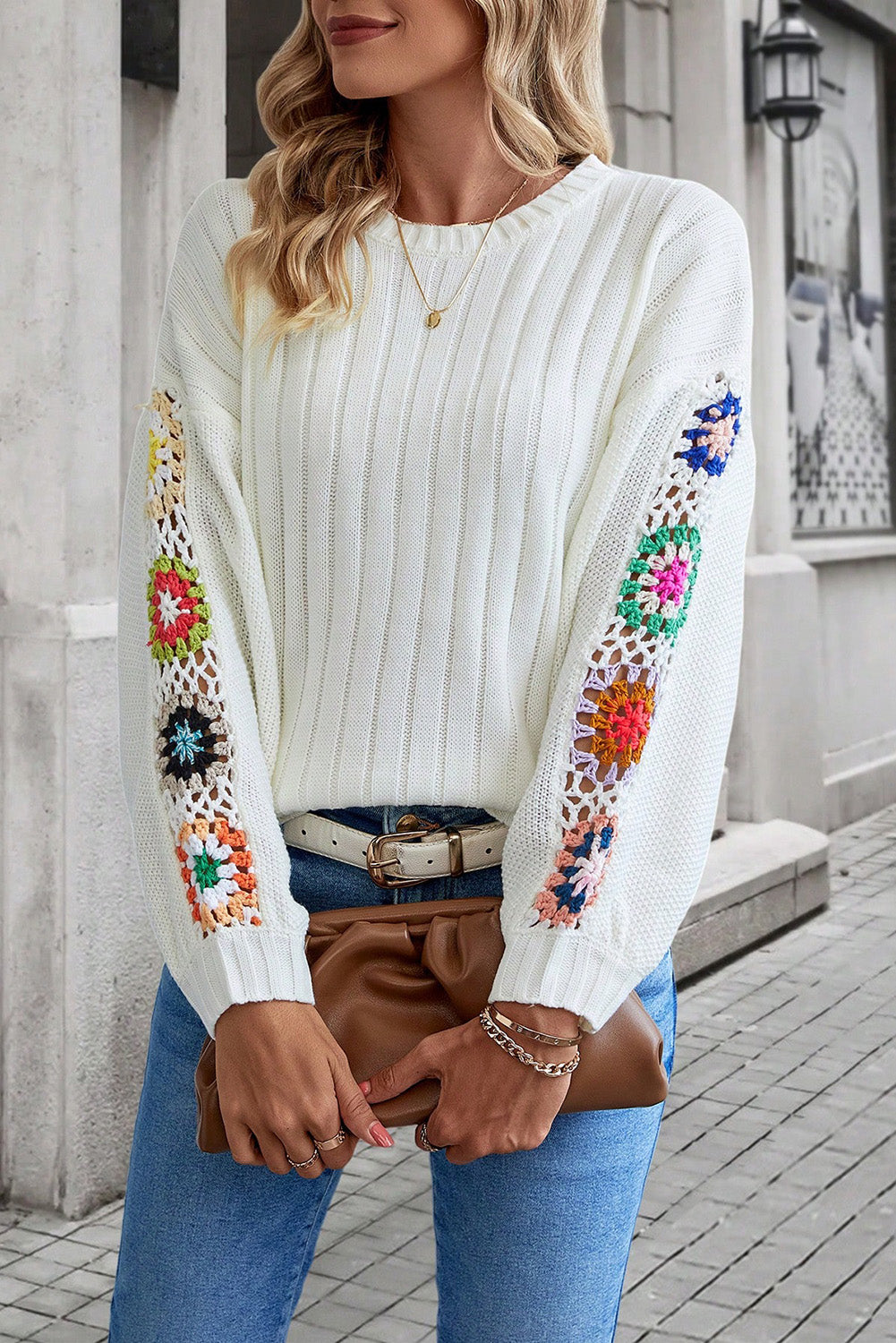 Bright White Floral Crochet Sleeve Ribbed Knit Sweater Pre Order Sweaters & Cardigans JT's Designer Fashion