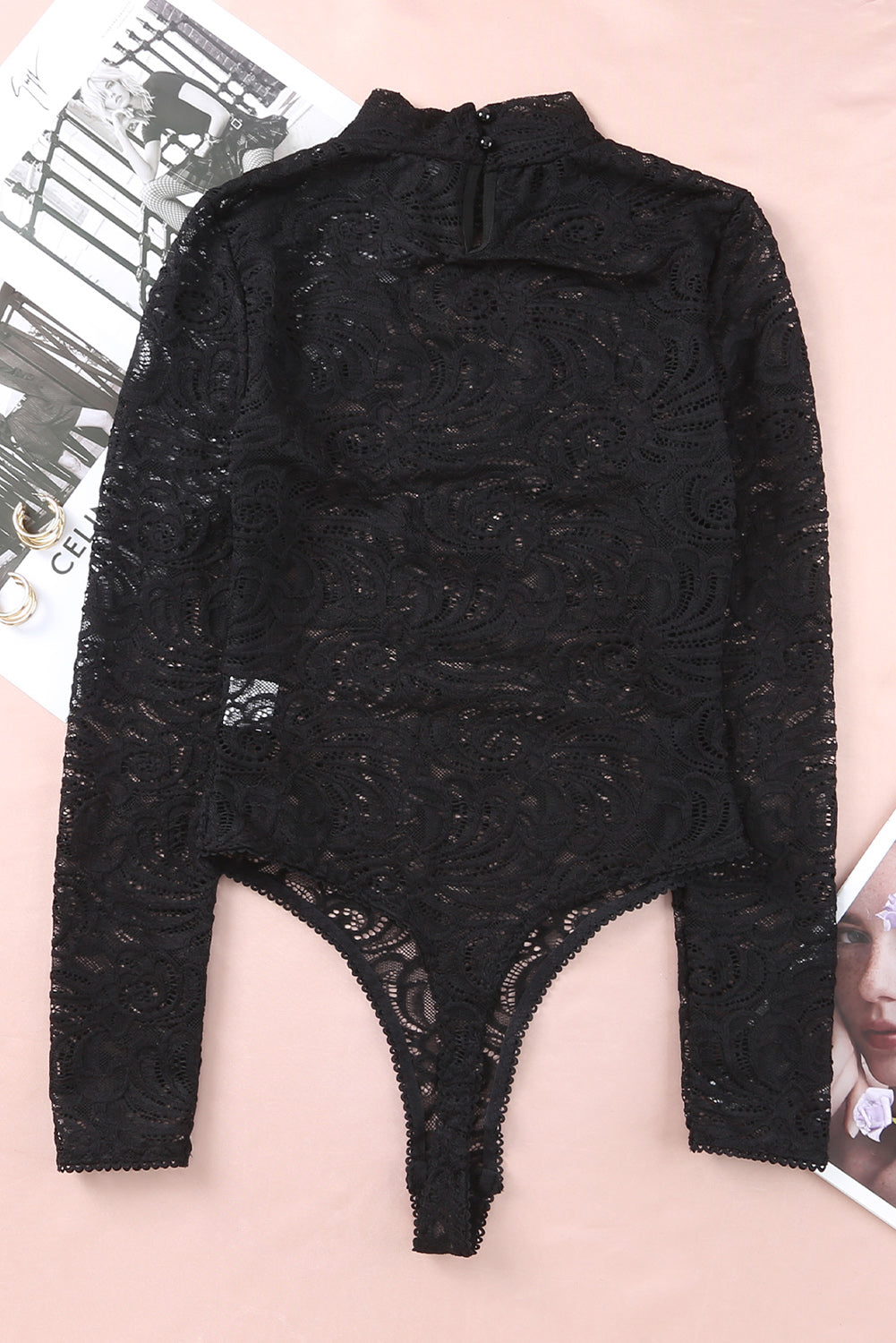 Black Long Sleeve High Neck Skinny Lace Bodysuit Bodysuits JT's Designer Fashion