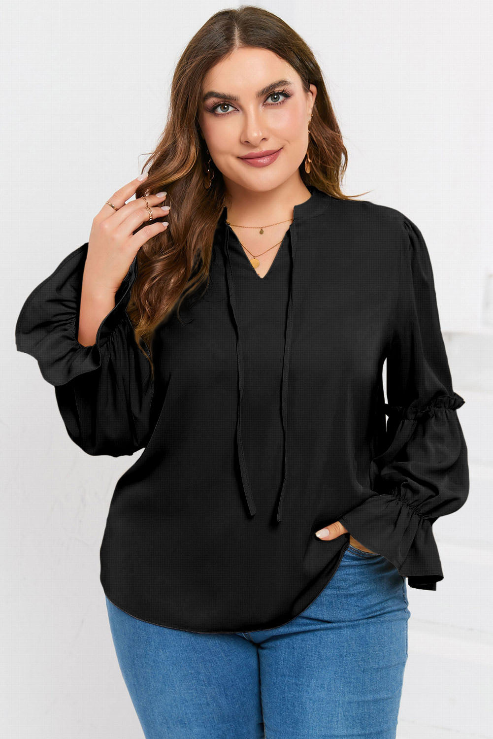 Black Plus Size Split Neck Ruffle Sleeve Blouse Plus Size JT's Designer Fashion