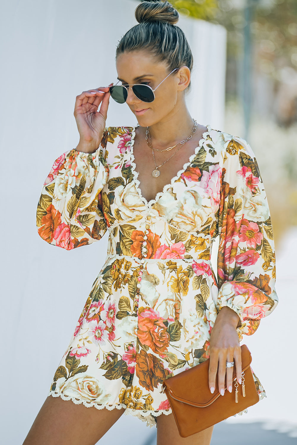 Floral Print V Neck Bishop Sleeve Lace Trim Romper Jumpsuits & Rompers JT's Designer Fashion