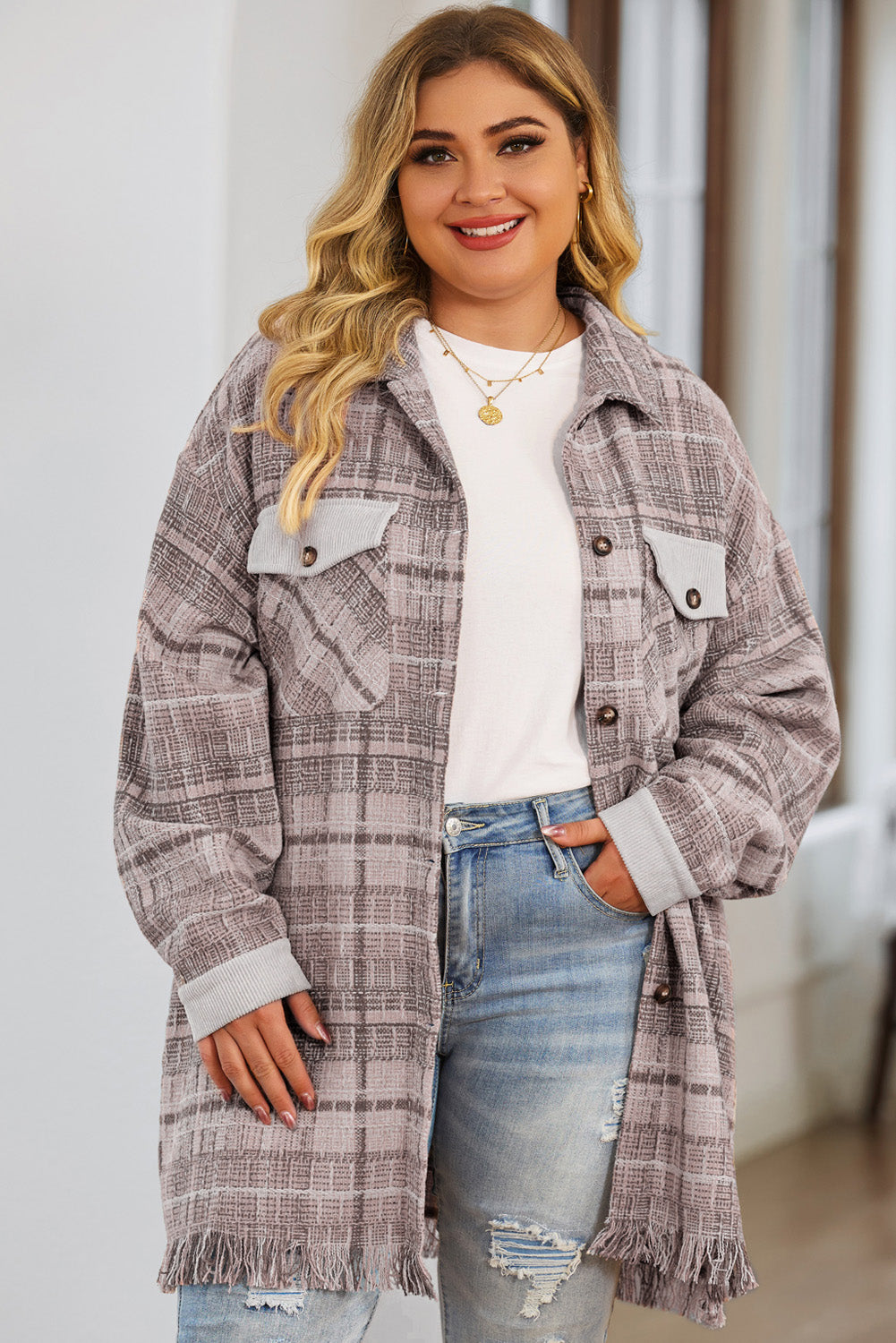 Pink Plus Size Plaid Tassel Hem Coat Plus Size JT's Designer Fashion