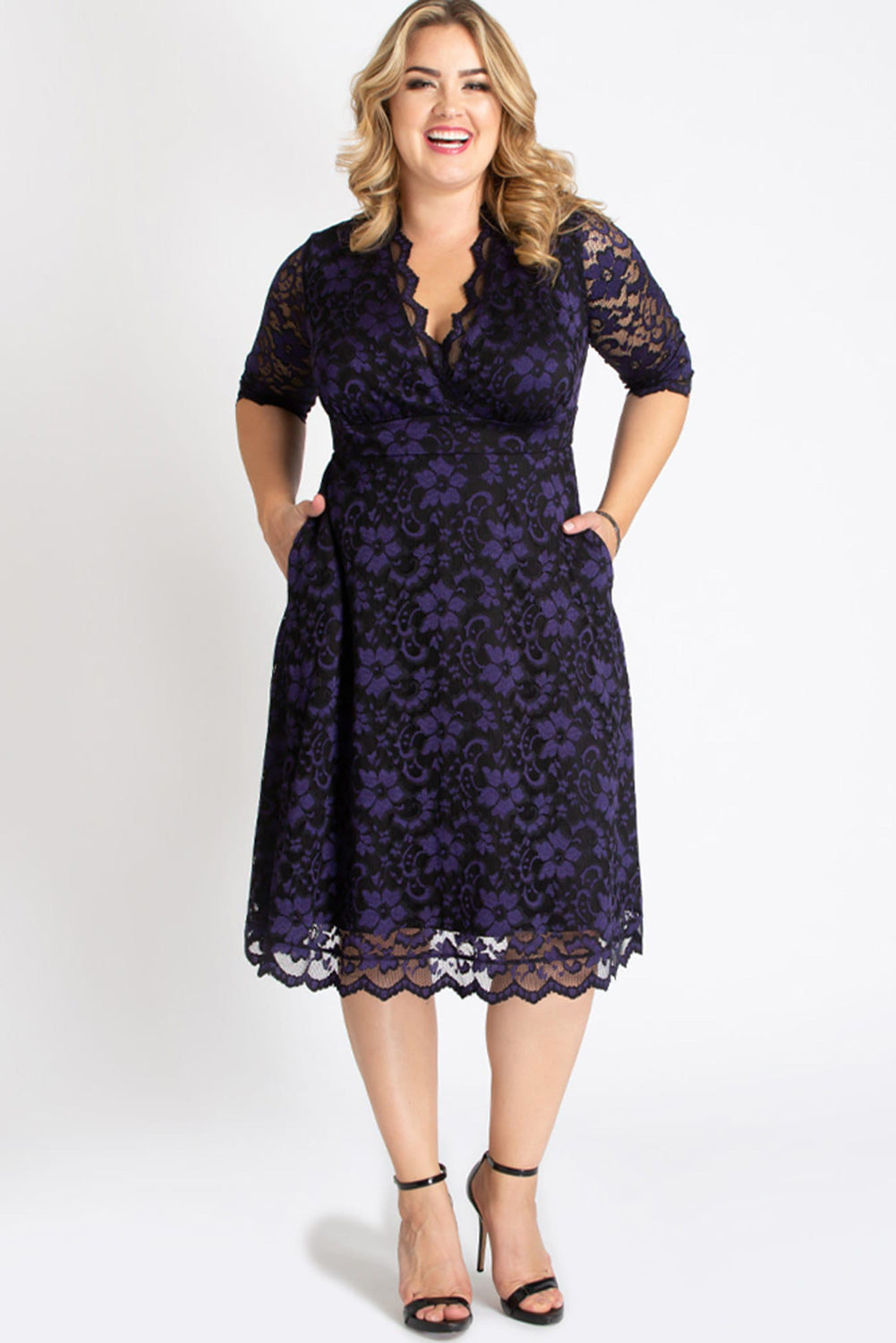 Blue Plus Size Half Sleeve Lined Lace Midi Dress Plus Size Dresses JT's Designer Fashion