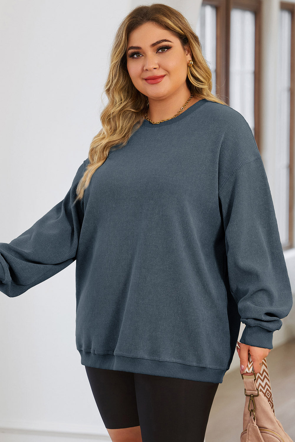 Blue Plus Size Corded Round Neck Sweatshirt Plus Size JT's Designer Fashion