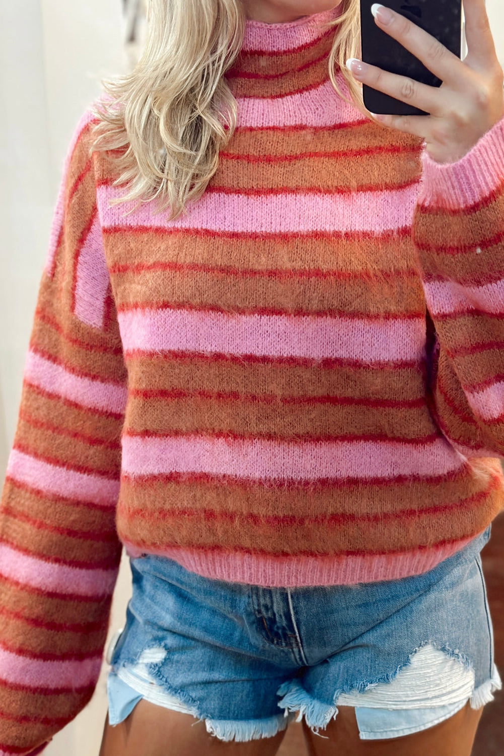 Pink Striped Knit High Neck Drop Shoulder Sweater Pre Order Sweaters & Cardigans JT's Designer Fashion