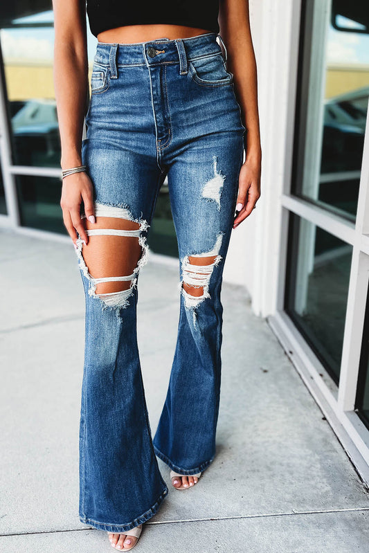 Blue Ripped Cutout Flare Leg Jeans Bottoms JT's Designer Fashion