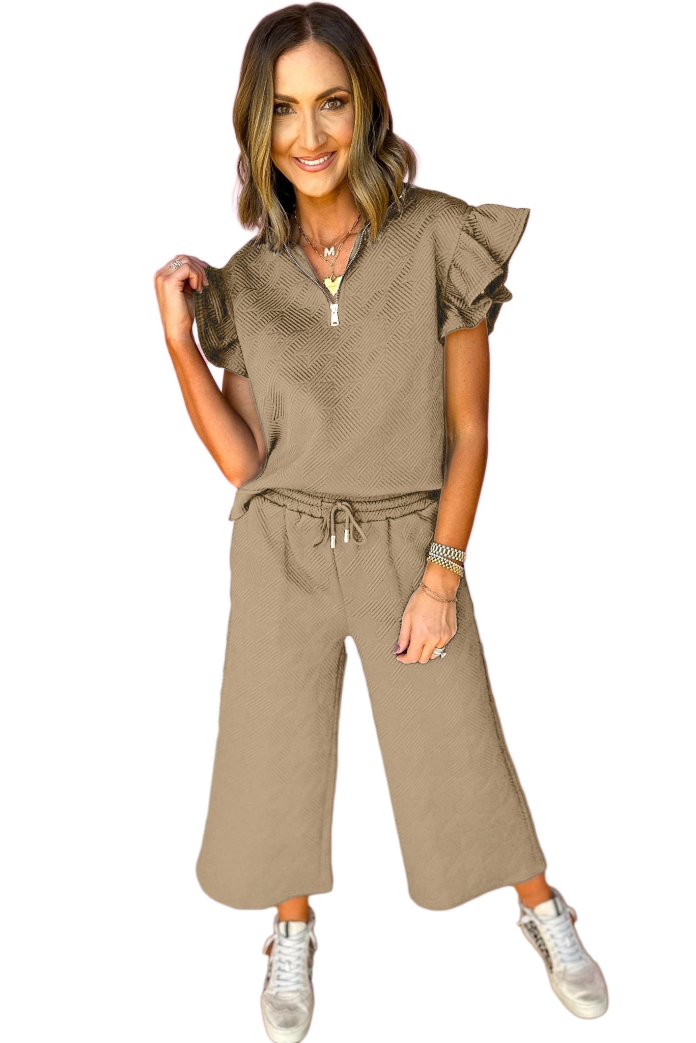 Pale Khaki Textured Ruffled Cap Sleeve Top Wide Leg Pants Set Bottoms JT's Designer Fashion