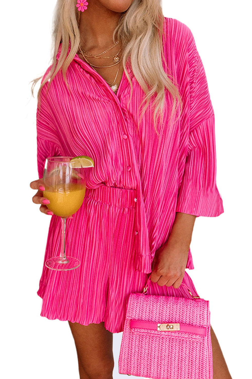 Barbie Style Rose 3/4 Sleeves Pleated Shirt and High Waist Shorts Lounge Set Loungewear JT's Designer Fashion