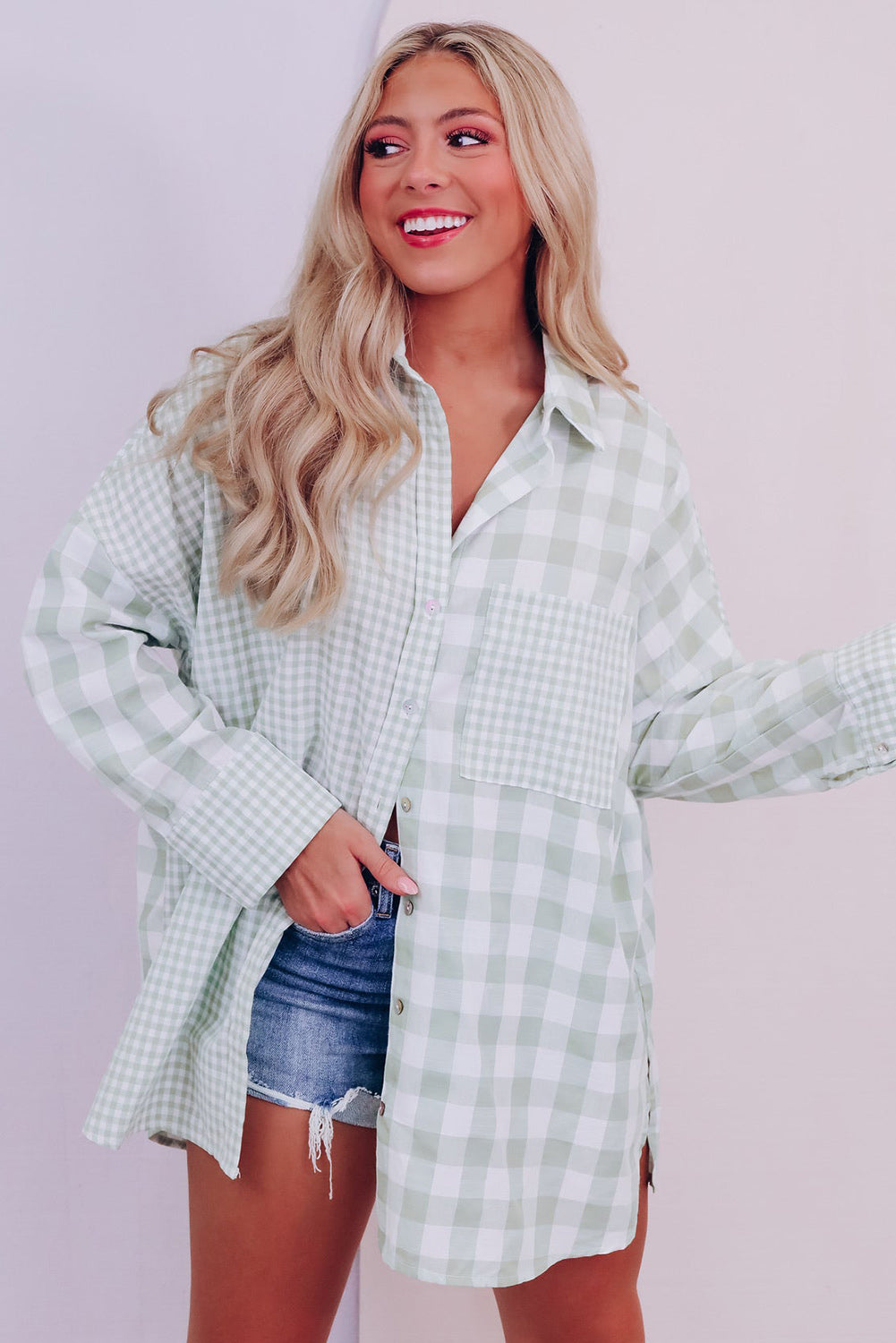 Green Mix Checked Patchwork Long Sleeve Shirt Tops & Tees JT's Designer Fashion