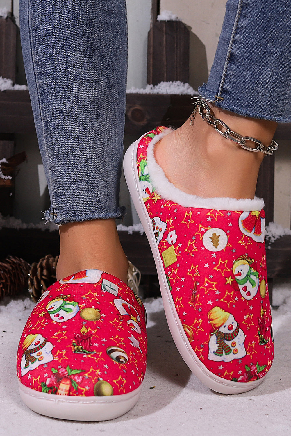 Fiery Red Christmas Cartoon Snowman Print Fuzzy Winter Slippers Slippers JT's Designer Fashion