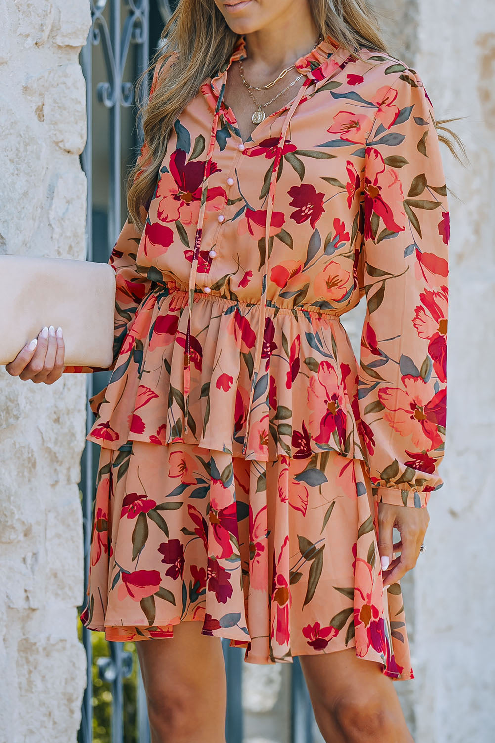 Fiery Red Frilled Collar Long Sleeve Floral Dress with Ruffle Floral Dresses JT's Designer Fashion