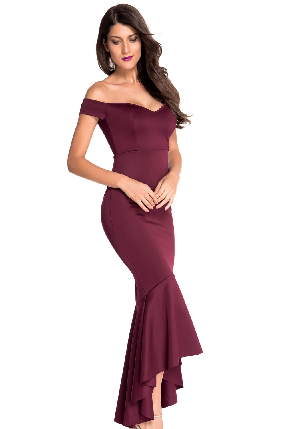 Maroon Off-shoulder Mermaid Jersey Prom Dress Evening Dresses JT's Designer Fashion