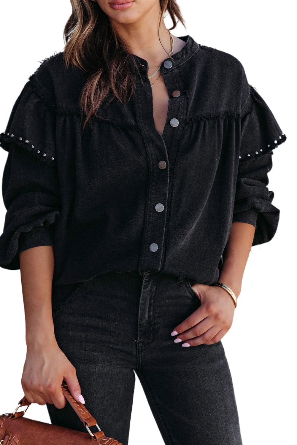 Black Studded Frayed Denim Jacket Denim jackets JT's Designer Fashion